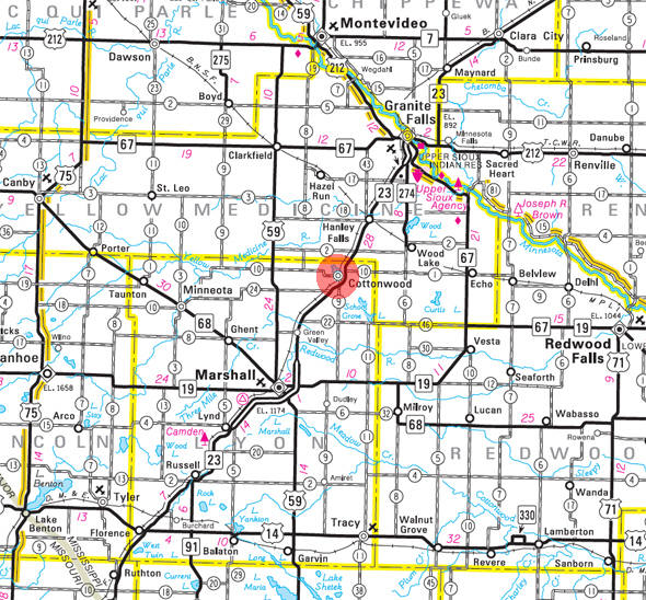 Minnesota State Highway Map of the Cottonwood Minnesota area 