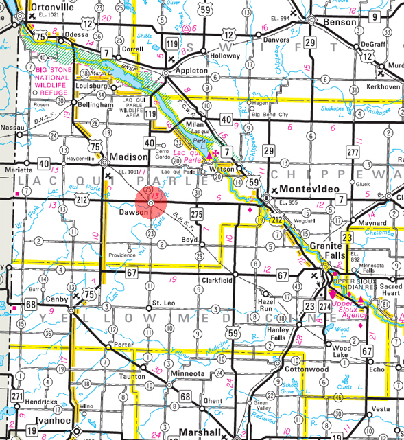 Minnesota State Highway Map of the Dawson Minnesota area 
