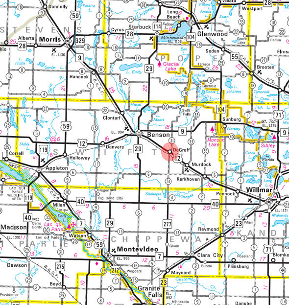 Minnesota State Highway Map of the De Graff Minnesota area 