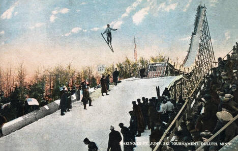Making 132 foot jump in Ski Tournament at Duluth Minnesota, 1910
