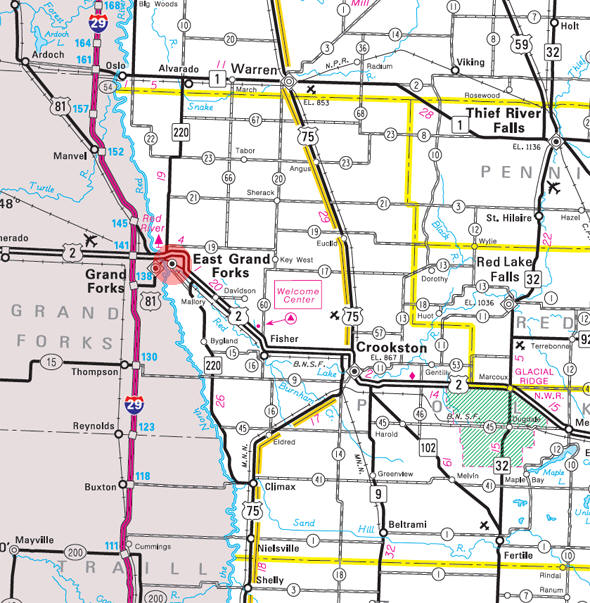 Minnesota State Highway Map of the East Grand Forks Minnesota area 