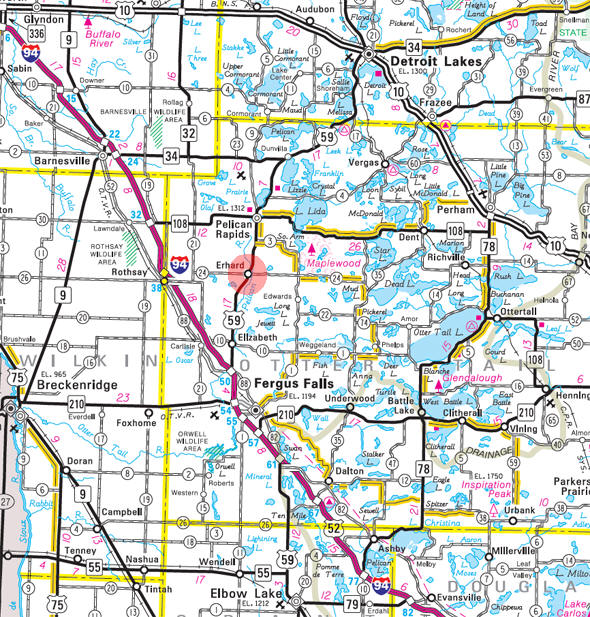 Minnesota State Highway Map of the Erhard Minnesota area