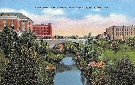 River view at Mill Street Bridge, Fergus Falls Minnesota, 1940's