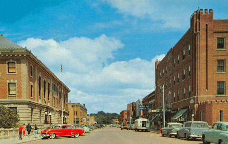 Mill Street looking north from the Post Office and River Inn Hotel, Fergus Falls Minnesota, 1955
