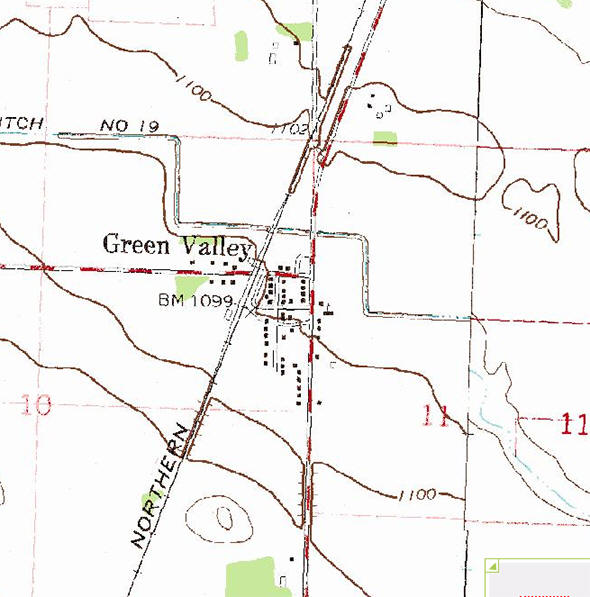 Topographic map of the Green Valley Minnesota area