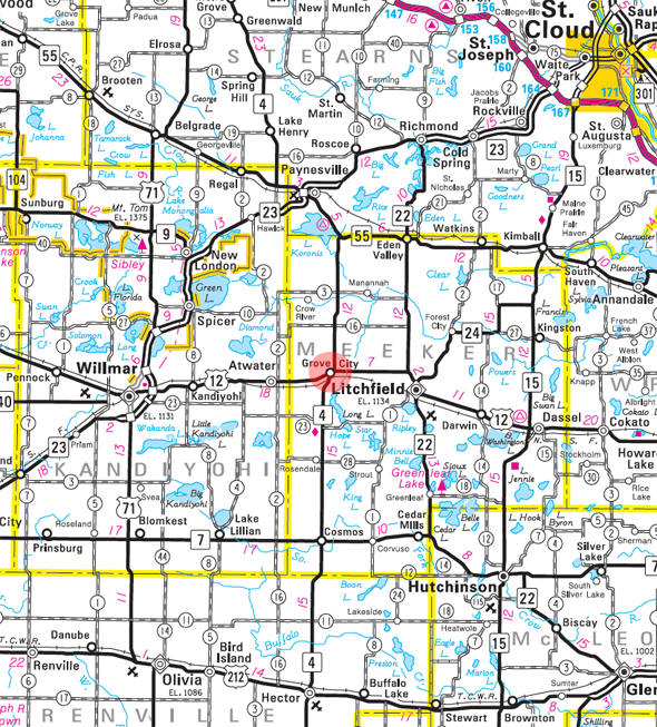 Minnesota State Highway Map of the Grove City Minnesota area 