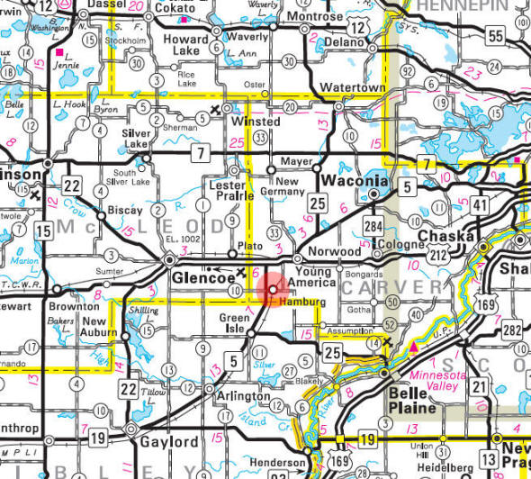 Minnesota State Highway Map of the Hamburg Minnesota area 