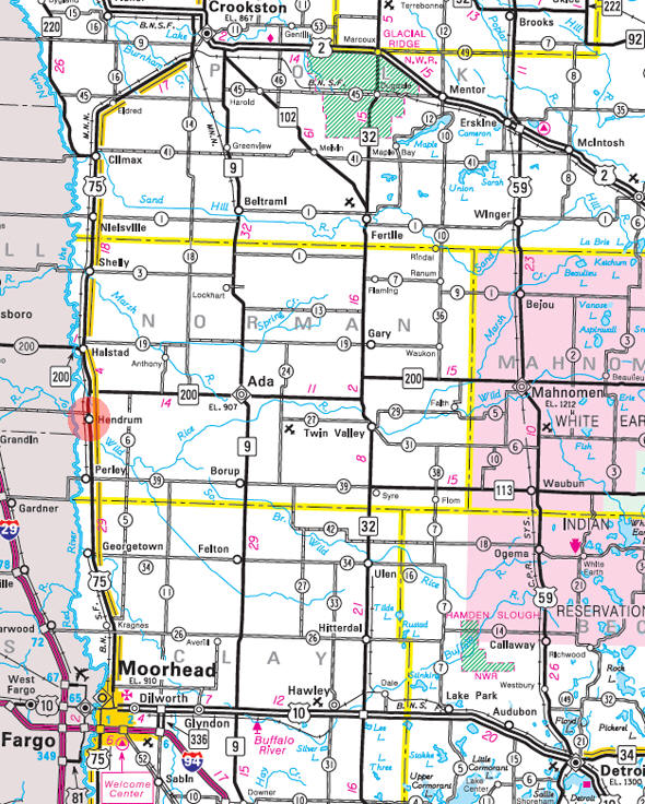 Minnesota State Highway Map of the Hendrum Minnesota area