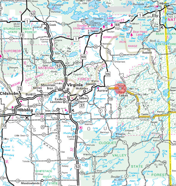 Minnesota State Highway Map of the Hoyt Lakes Minnesota area