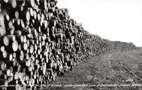 An endless chain of pulp wood, Paper Mills, International Falls Minnesota, 1940's
