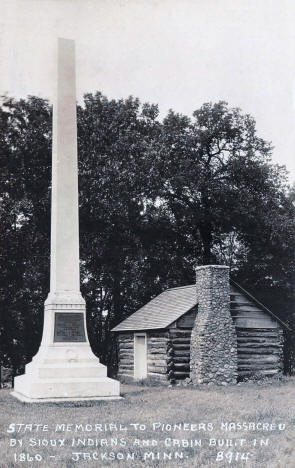 Memorial to Pioneers Massacred by Sioux Indians and Cabin Built in 1860, 1930's