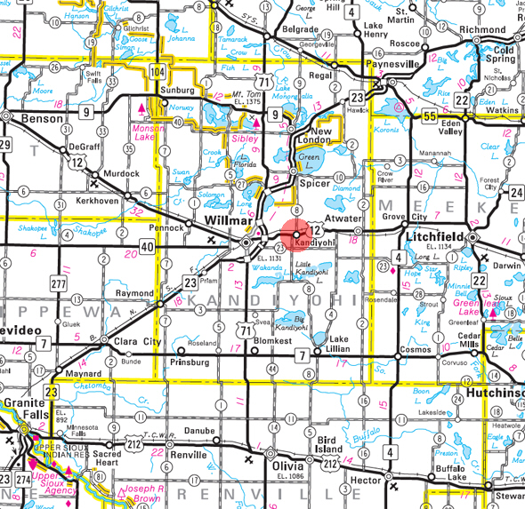Minnesota State Highway Map of the Kandiyohi Minnesota area