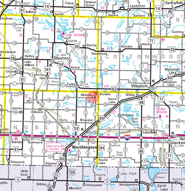 Minnesota State Highway Map of the Kinbrae Minnesota area