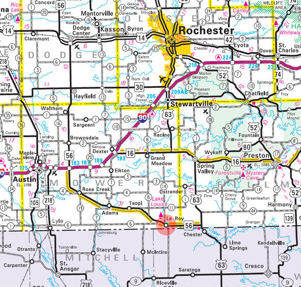 Minnesota State Highway Map of the Le Roy Minnesota area 
