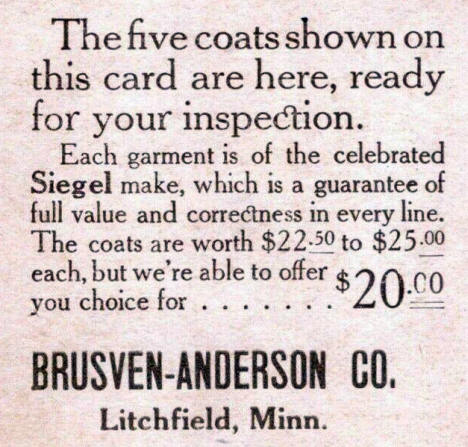 Advertising postcard for Brusven-Anderson Company, Litchfield Minnesota, 1910