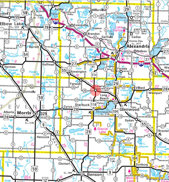 Minnesota State Highway Map of the Lowry Minnesota area
