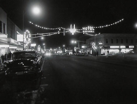 Christmas decorations on Main Street, Marshall Minnesota, 1954