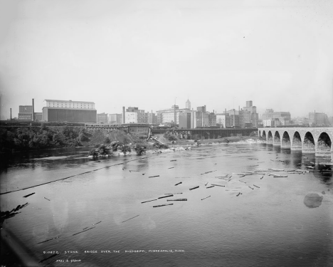 Stone Arch Bridge and view of Downtown Minneapolis Minnesota, 1905