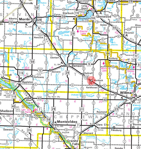 Minnesota State Highway Map of the Murdock Minnesota area 