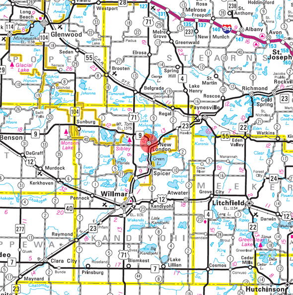 Minnesota State Highway Map of the New London Minnesota area