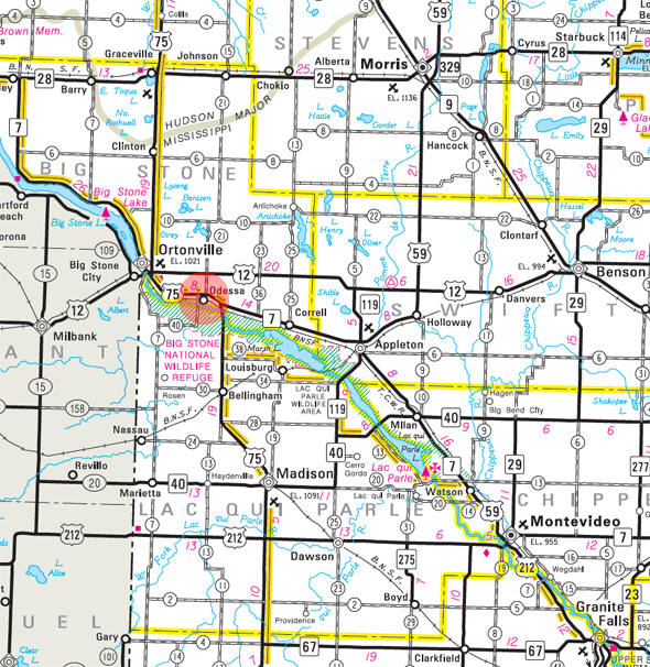 Minnesota State Highway Map of the Odessa Minnesota area 