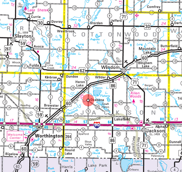 Minnesota State Highway Map of the Okabena Minnesota area