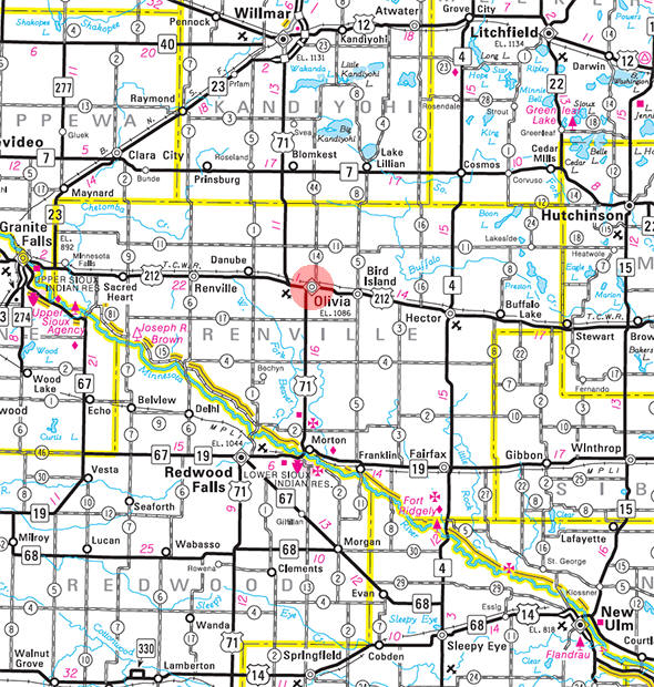 Minnesota State Highway Map of the Olivia Minnesota area