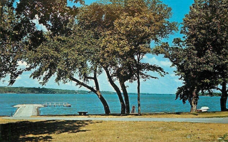 Swimming beach and pier on Big Stone Lake, Ortonville Minnesota, 1950's