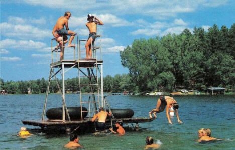 Swimming raft and beach in Park Rapids Minnesota, 1968
