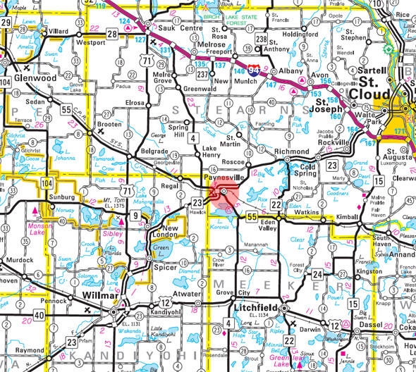 Minnesota State Highway Map of the Paynesville Minnesota area 