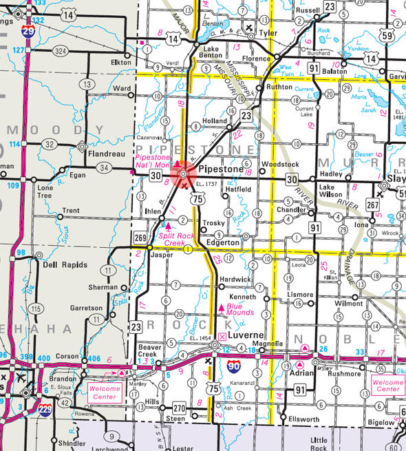 Minnesota State Highway Map of the Pipestone Minnesota area 