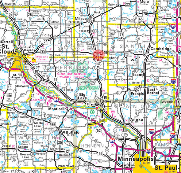 Minnesota State Highway Map of the Princeton Minnesota area 