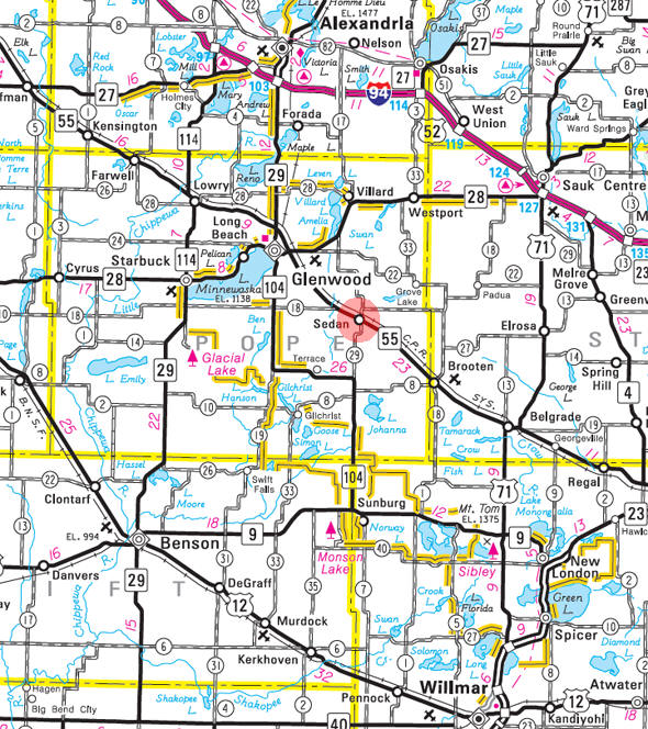 Minnesota State Highway Map of the Sedan Minnesota area 