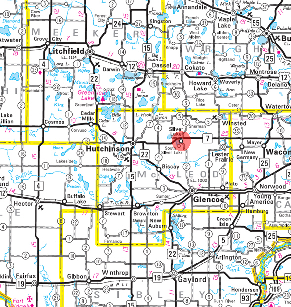 Minnesota State Highway Map of the Silver Lake Minnesota area 