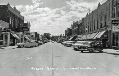 Street scene, St. Charles Minnesota, 1950's