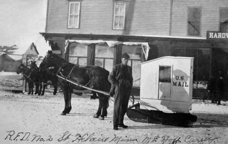 Horse drawn mail sled, St. Hilaire Minnesota, 1909