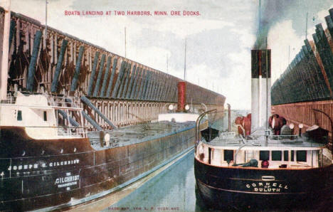 Boats Landing at Two Harbors Minnesota Ore Docks, 1910