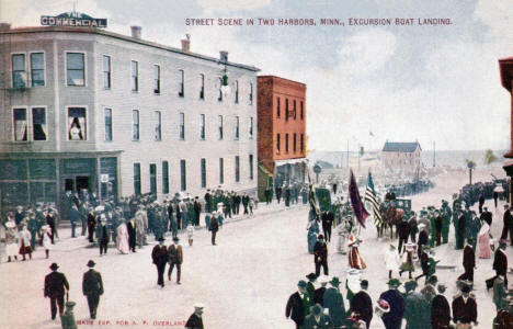 Street scene showing Excursion Boat Landing, Two Harbors Minnesota, 1908