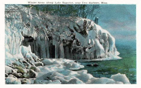 Winter scene along Lake Superior near Two Harbors Minnesota, 1930's