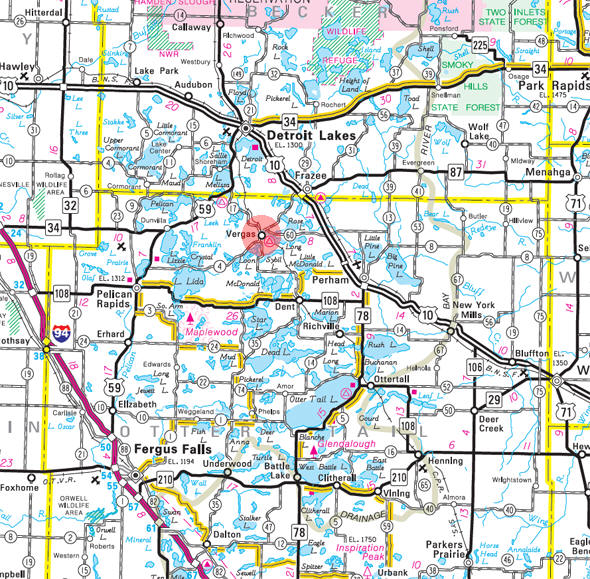 Minnesota State Highway Map of the Vergas Minnesota area