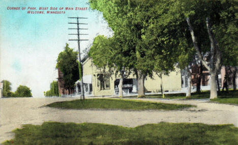 Corner of Park, west side of Main Street, Welcome Minnesota, 1909