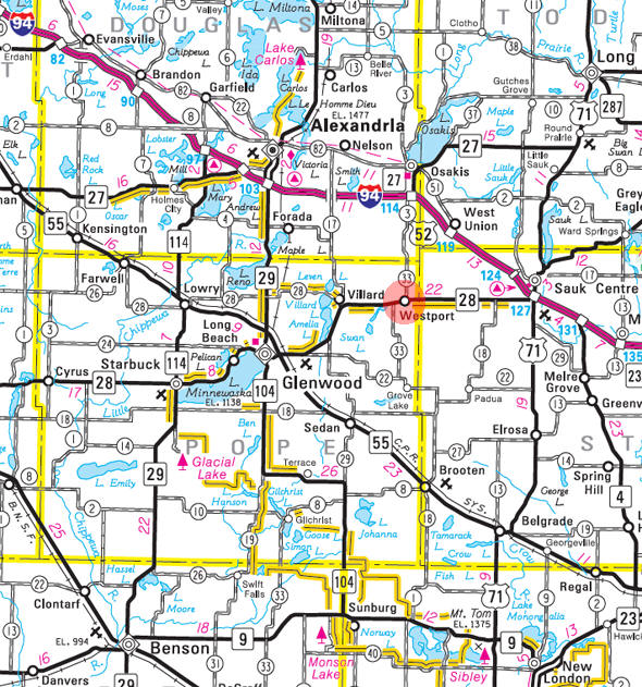 Minnesota State Highway Map of the Westport Minnesota area