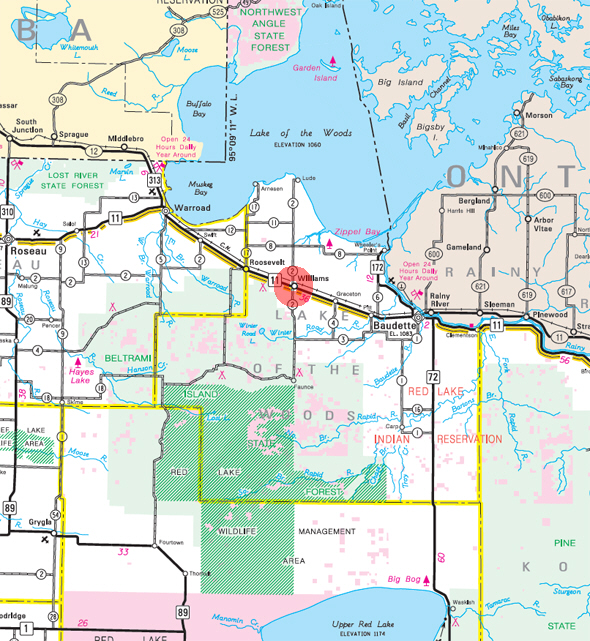 Minnesota State Highway Map of the Williams Minnesota area 