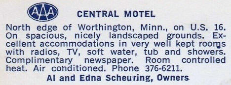 Central Motel, Worthington Minnesota, 1960's