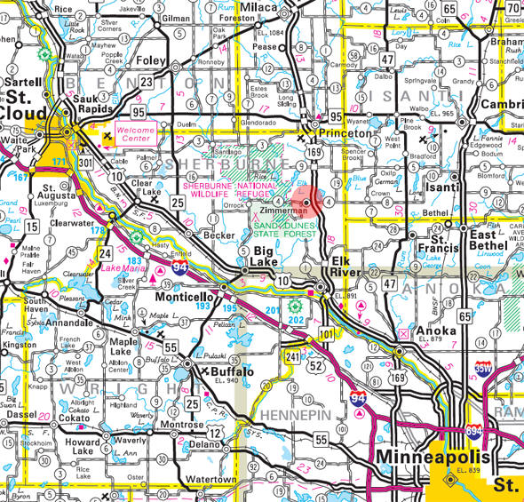 Minnesota State Highway Map of the Zimmerman Minnesota area 