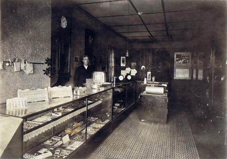 Interior, Bugbee Jewelry located in the Gwathemy building, Aitkin Minnesota, 1913