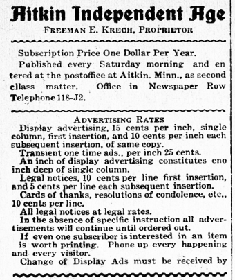 Publisher of the Aitkin Independent Age, from the July 10th, 1915 edition