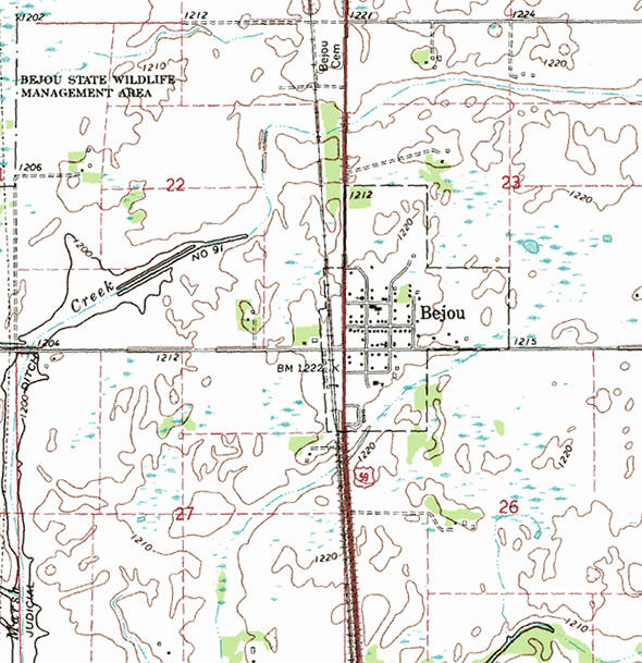 Topographic map of the Bejou Minnesota area