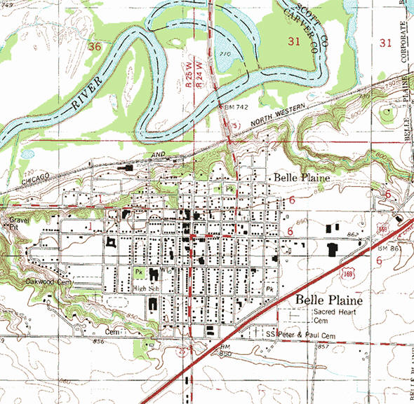 Topographic map of the Belle Plaine Minnesota area