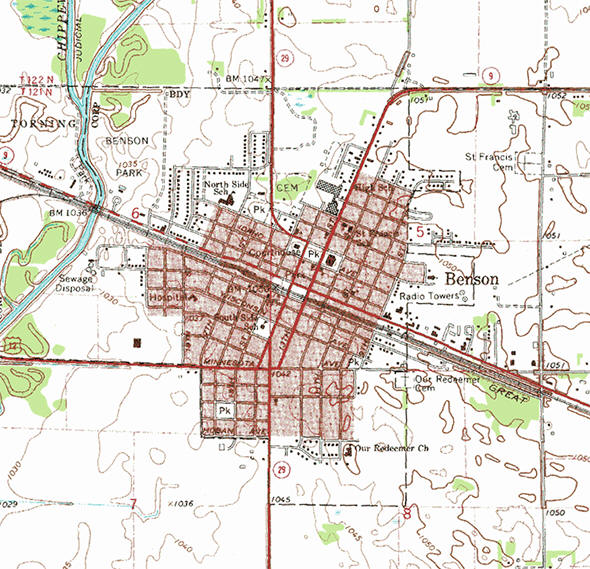 Topographic map of the Benson Minnesota area
